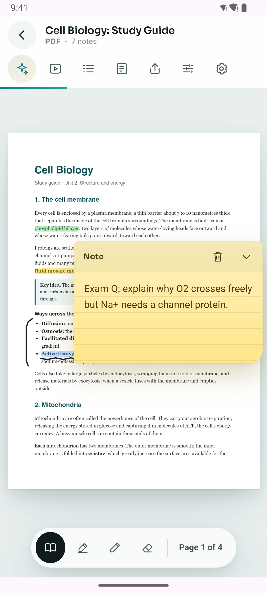 Annotating a Cell Biology study guide PDF in Teza, with a handwritten-style sticky note over highlighted passages